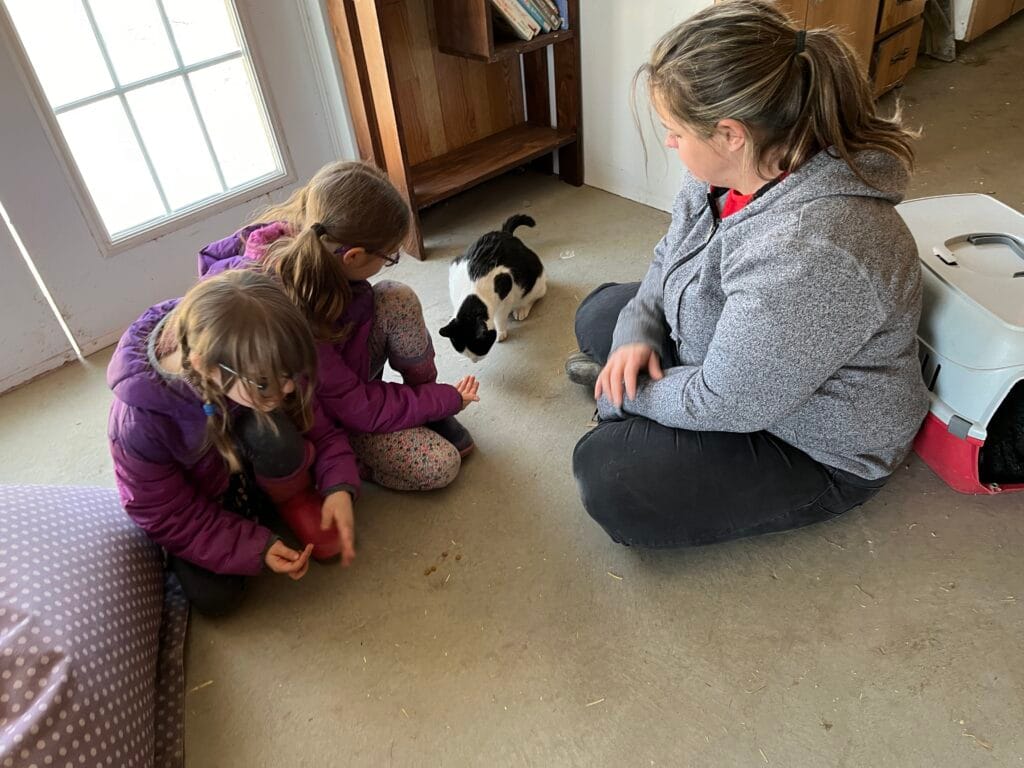 Cindy pendant une intervention avec 2 enfants et Félix le chat